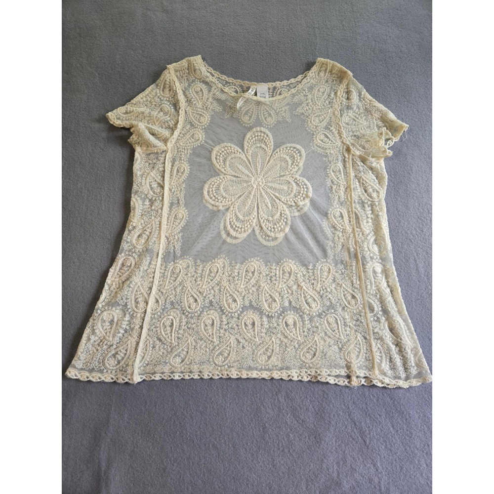 Forgotten Grace Lace Top Womens XL Cream Floral Paisley Sheer Boho Mesh 1634-7